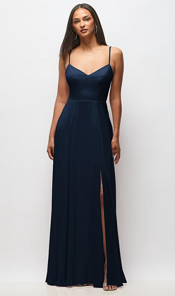 Front View - Midnight Navy Tie-Back Cutout Maxi Dress with Front Slit