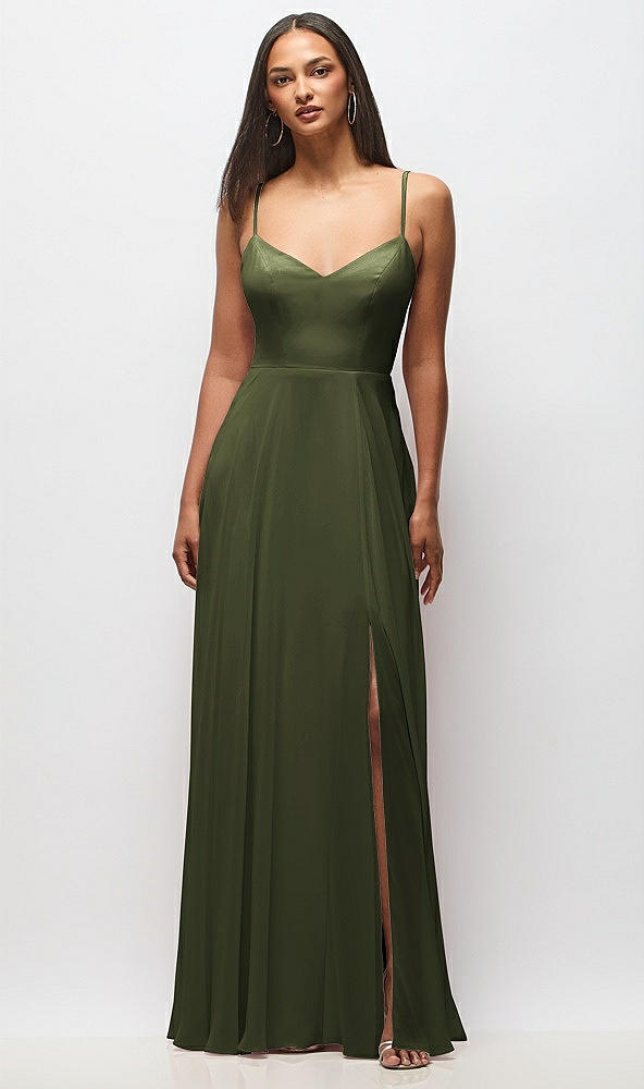 Front View - Olive Green Tie-Back Cutout Maxi Dress with Front Slit