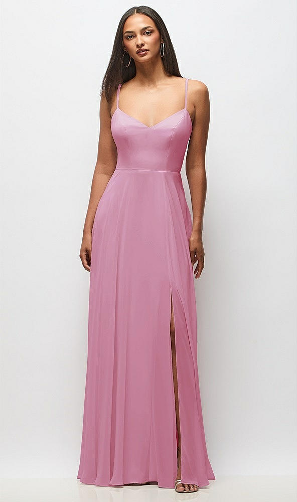 Front View - Powder Pink Tie-Back Cutout Maxi Dress with Front Slit