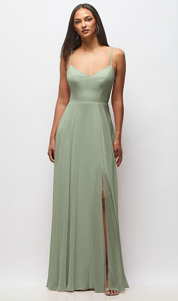 Front View - Sage Tie-Back Cutout Maxi Dress with Front Slit