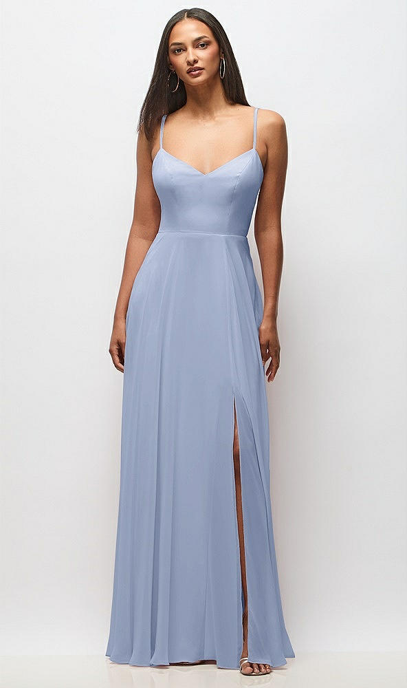 Front View - Sky Blue Tie-Back Cutout Maxi Dress with Front Slit