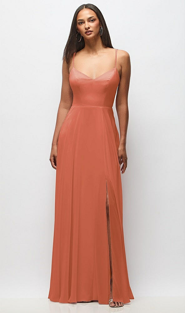 Front View - Terracotta Copper Tie-Back Cutout Maxi Dress with Front Slit