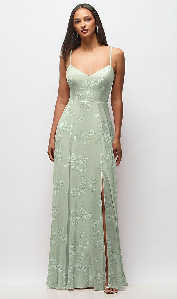Front View - Vintage Primrose Sage Tie-Back Cutout Maxi Dress with Front Slit