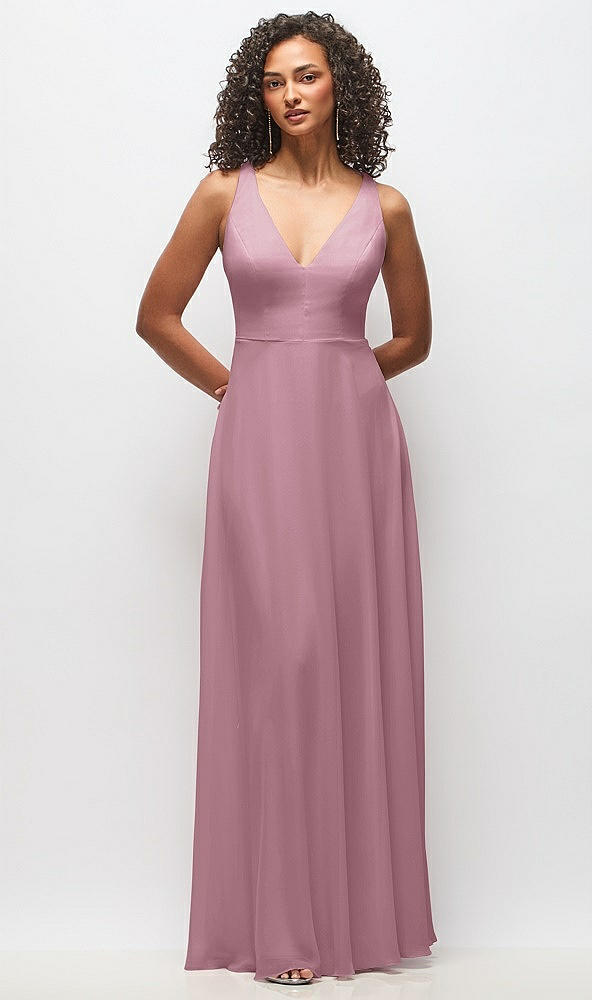 Front View - Dusty Pink Deep V-Neck Chiffon Maxi Dress