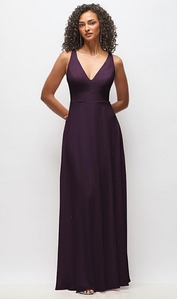 Front View - Aubergine Deep V-Neck Chiffon Maxi Dress