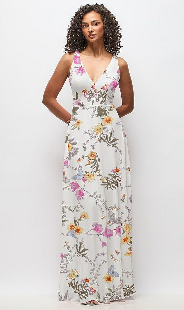 Front View - Butterfly Botanica Ivory Deep V-Neck Chiffon Maxi Dress