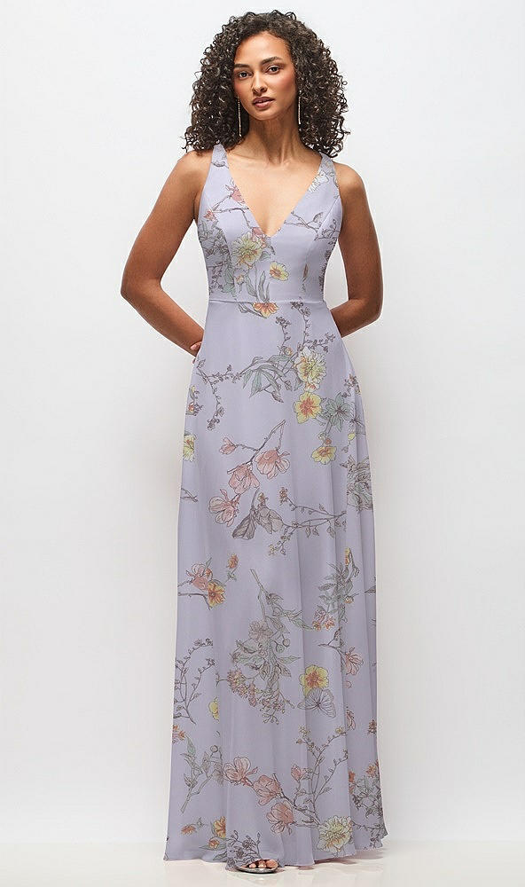 Front View - Butterfly Botanica Silver Dove Deep V-Neck Chiffon Maxi Dress