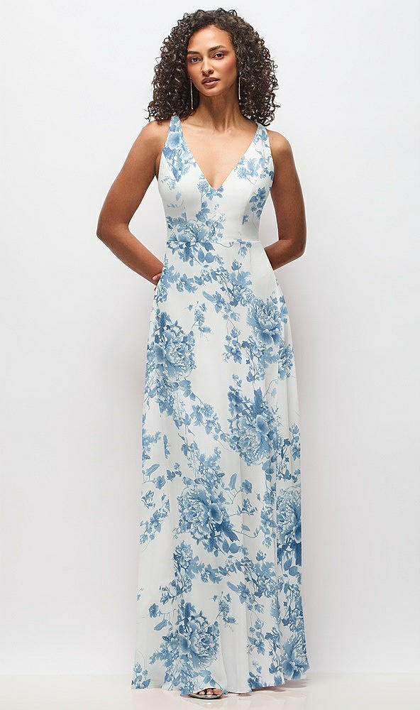 Front View - Cottage Rose Dusk Blue Deep V-Neck Chiffon Maxi Dress