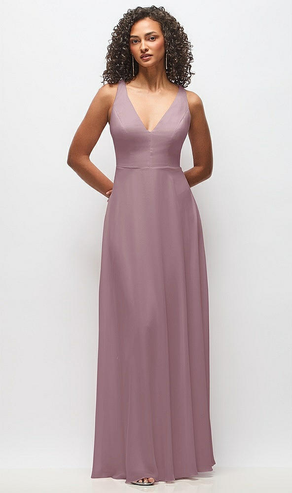 Front View - Dusty Rose Deep V-Neck Chiffon Maxi Dress