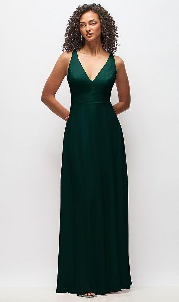 Front View - Evergreen Deep V-Neck Chiffon Maxi Dress