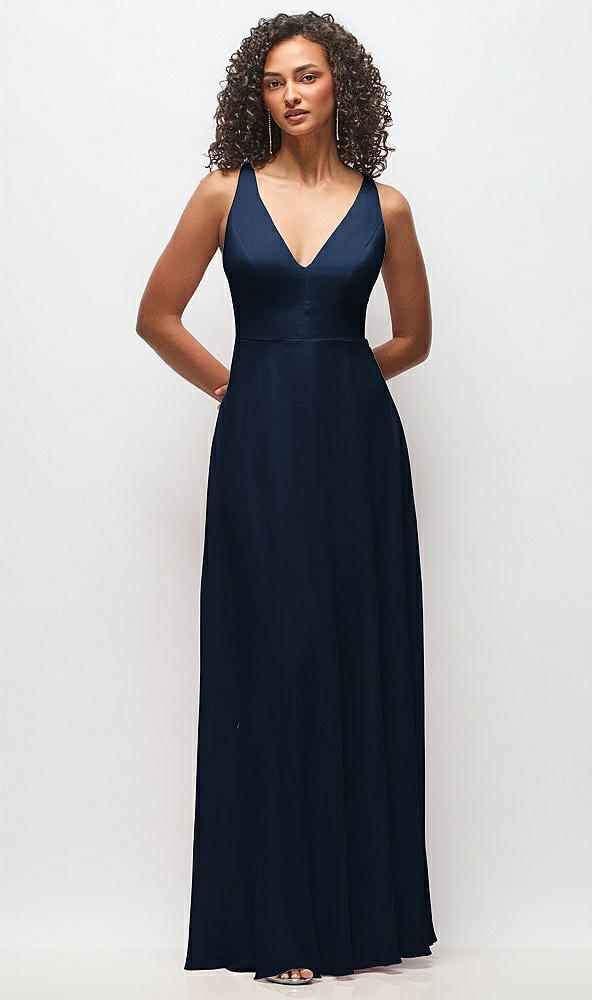 Front View - Midnight Navy Deep V-Neck Chiffon Maxi Dress