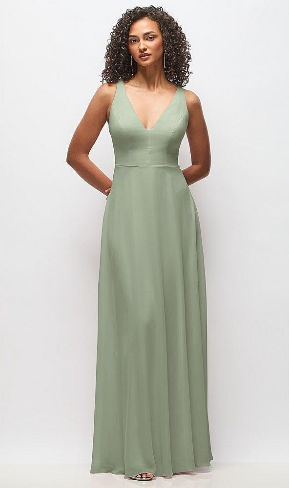 Front View - Sage Deep V-Neck Chiffon Maxi Dress