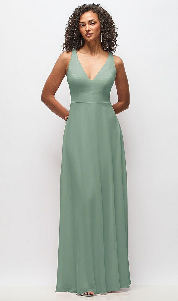 Front View - Seagrass Deep V-Neck Chiffon Maxi Dress