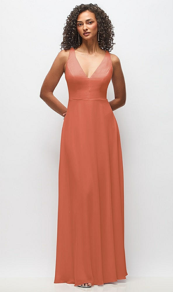 Front View - Terracotta Copper Deep V-Neck Chiffon Maxi Dress