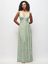 Front View Thumbnail - Vintage Primrose Sage Deep V-Neck Chiffon Maxi Dress