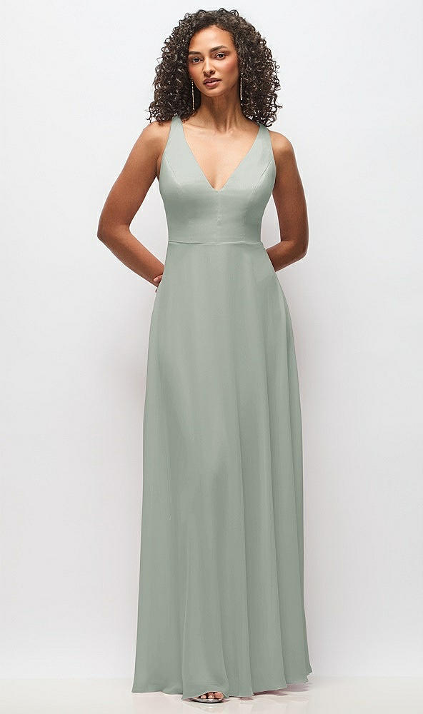 Front View - Willow Green Deep V-Neck Chiffon Maxi Dress