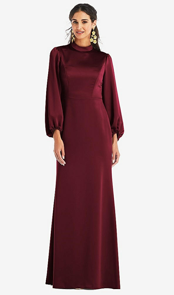 Front View - Cabernet High Collar Puff Sleeve Trumpet Gown - Darby
