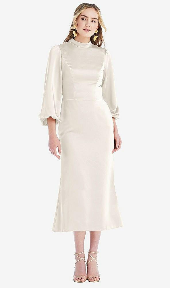 Front View - Ivory High Collar Puff Sleeve Midi Dress - Bronwyn