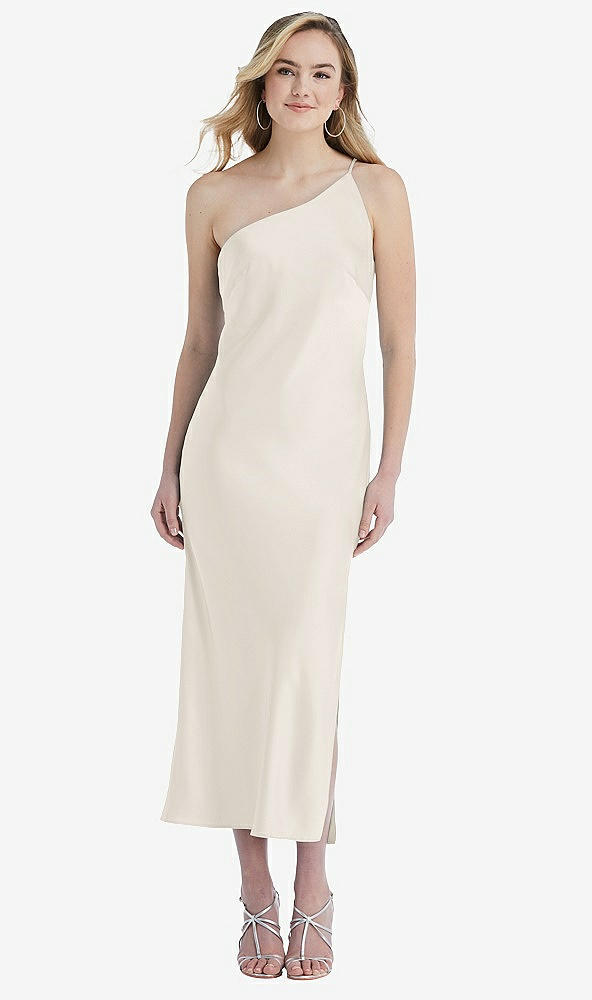 Front View - Ivory One-Shoulder Asymmetrical Midi Slip Dress