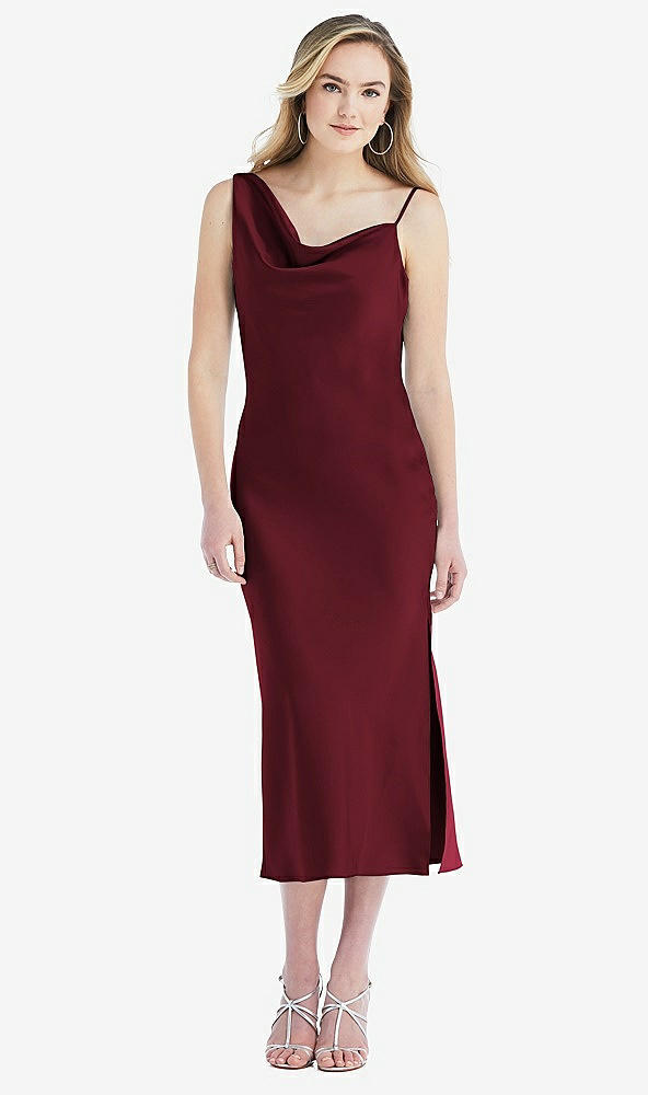 Front View - Cabernet Asymmetrical One-Shoulder Cowl Midi Slip Dress