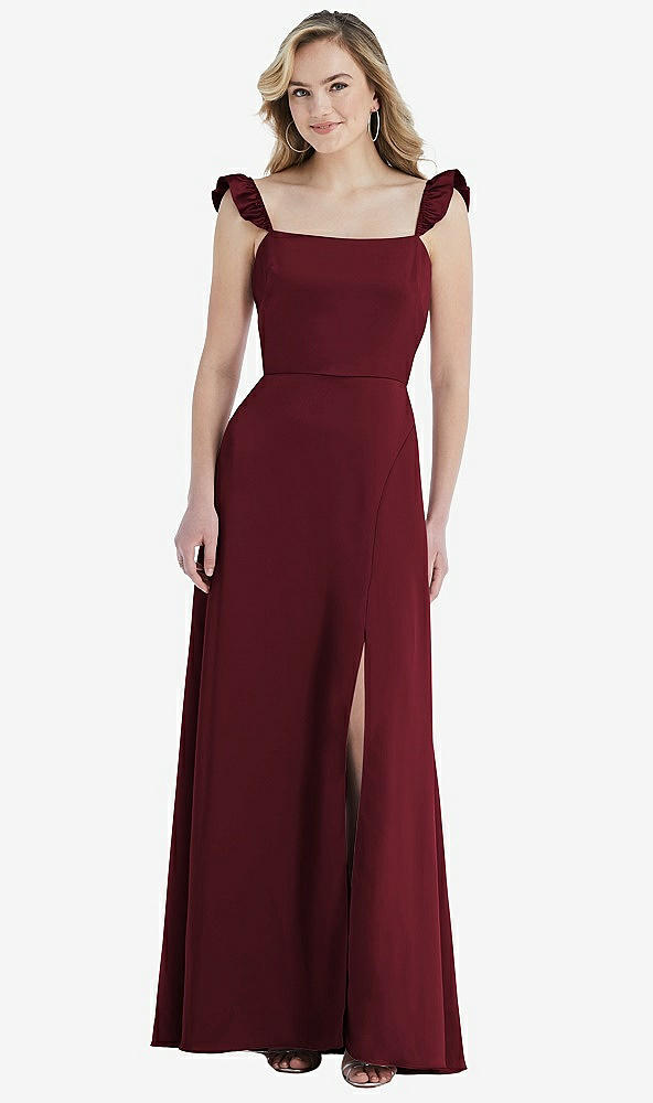 Front View - Cabernet Ruffled Sleeve Tie-Back Maxi Dress