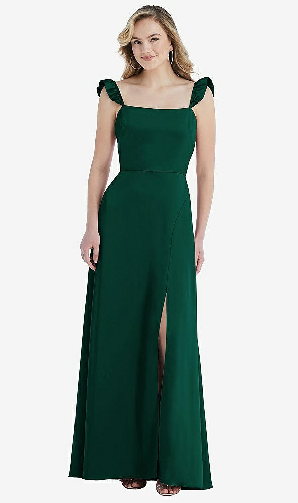 Front View - Hunter Green Ruffled Sleeve Tie-Back Maxi Dress