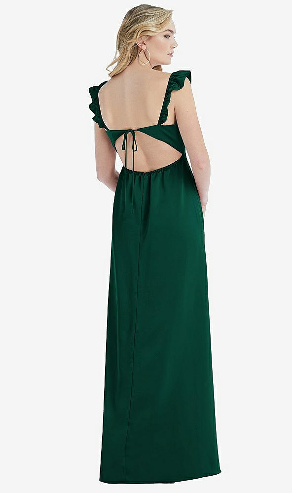 Back View - Hunter Green Ruffled Sleeve Tie-Back Maxi Dress