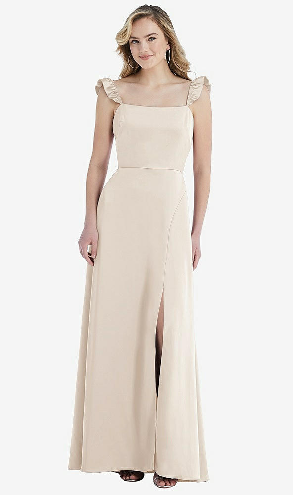 Front View - Oat Ruffled Sleeve Tie-Back Maxi Dress