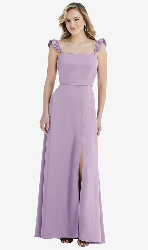 Front View - Pale Purple Ruffled Sleeve Tie-Back Maxi Dress