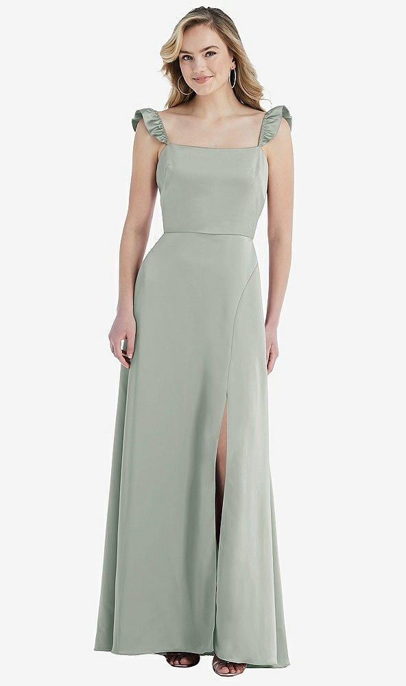 Front View - Willow Green Ruffled Sleeve Tie-Back Maxi Dress