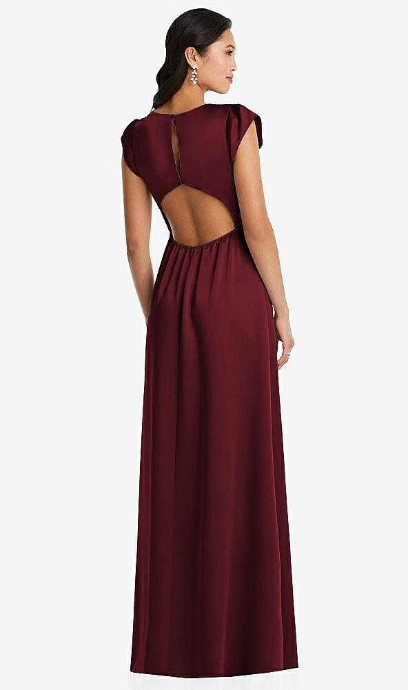 Back View - Cabernet Shirred Cap Sleeve Maxi Dress with Keyhole Cutout Back