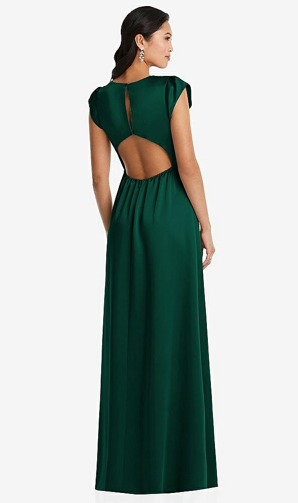 Back View - Hunter Green Shirred Cap Sleeve Maxi Dress with Keyhole Cutout Back