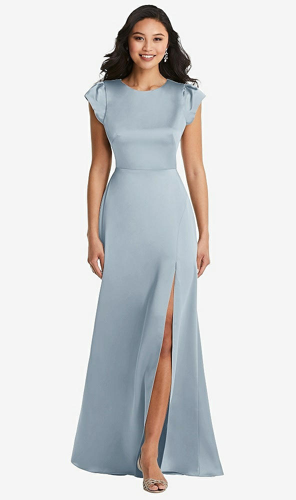 Front View - Mist Shirred Cap Sleeve Maxi Dress with Keyhole Cutout Back