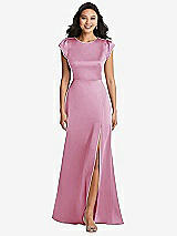 Front View Thumbnail - Powder Pink Shirred Cap Sleeve Maxi Dress with Keyhole Cutout Back