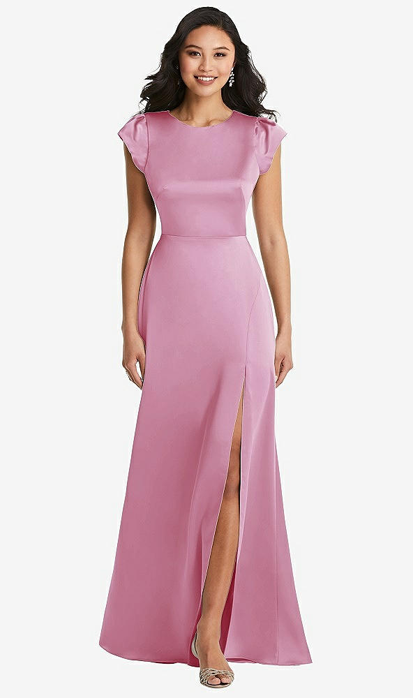 Front View - Powder Pink Shirred Cap Sleeve Maxi Dress with Keyhole Cutout Back