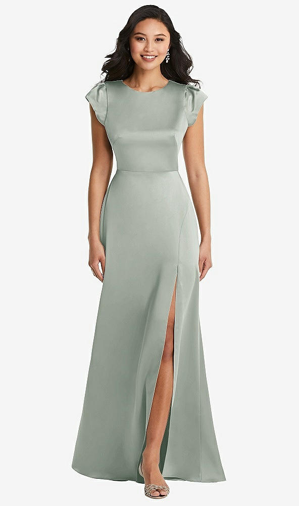 Front View - Willow Green Shirred Cap Sleeve Maxi Dress with Keyhole Cutout Back