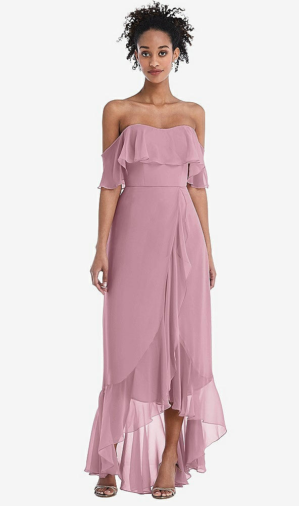 Front View - Dusty Pink Off-the-Shoulder Ruffled High Low Maxi Dress