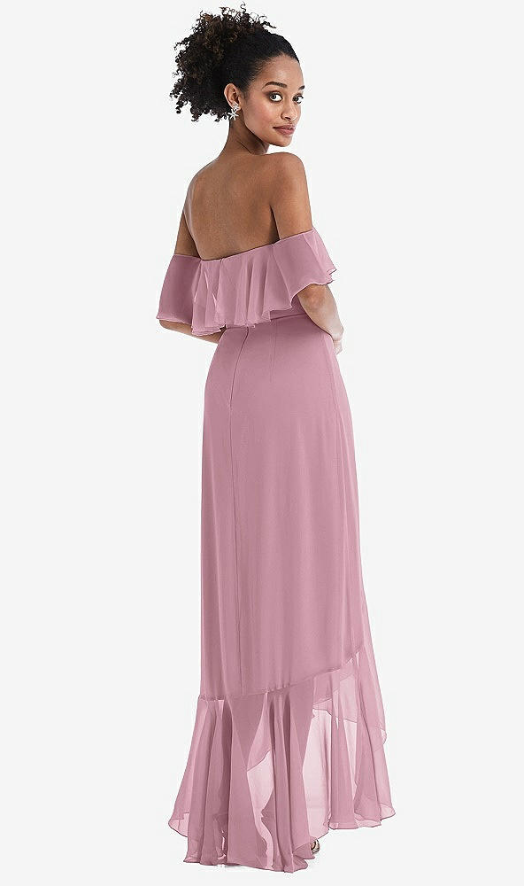 Back View - Dusty Pink Off-the-Shoulder Ruffled High Low Maxi Dress