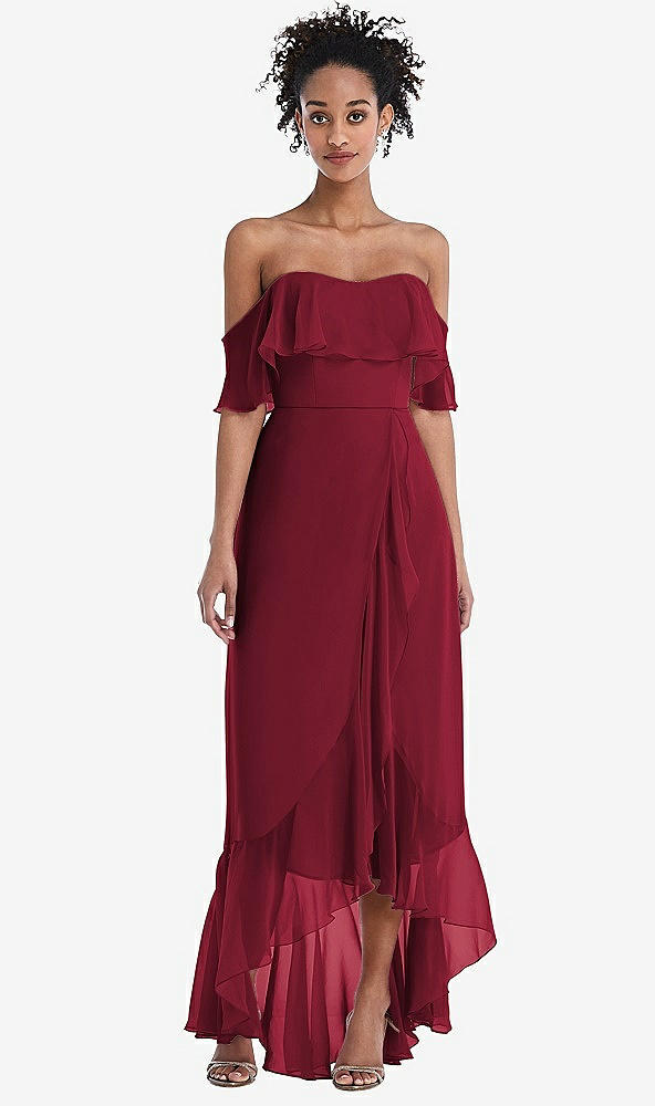 Front View - Burgundy Off-the-Shoulder Ruffled High Low Maxi Dress