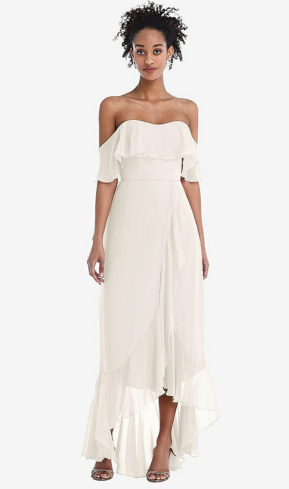 Front View - Ivory Off-the-Shoulder Ruffled High Low Maxi Dress