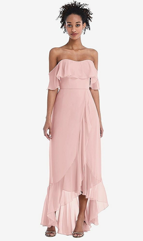 Front View - Rose Off-the-Shoulder Ruffled High Low Maxi Dress