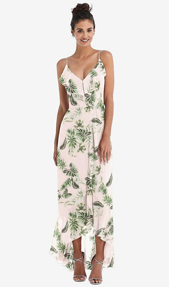 Front View - Palm Beach Print Ruffle-Trimmed V-Neck High Low Wrap Dress