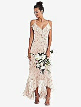 Alt View 1 Thumbnail - Coquette Floral Print Ruffle-Trimmed V-Neck High Low Wrap Dress