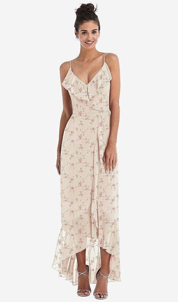 Front View - Coquette Floral Print Ruffle-Trimmed V-Neck High Low Wrap Dress