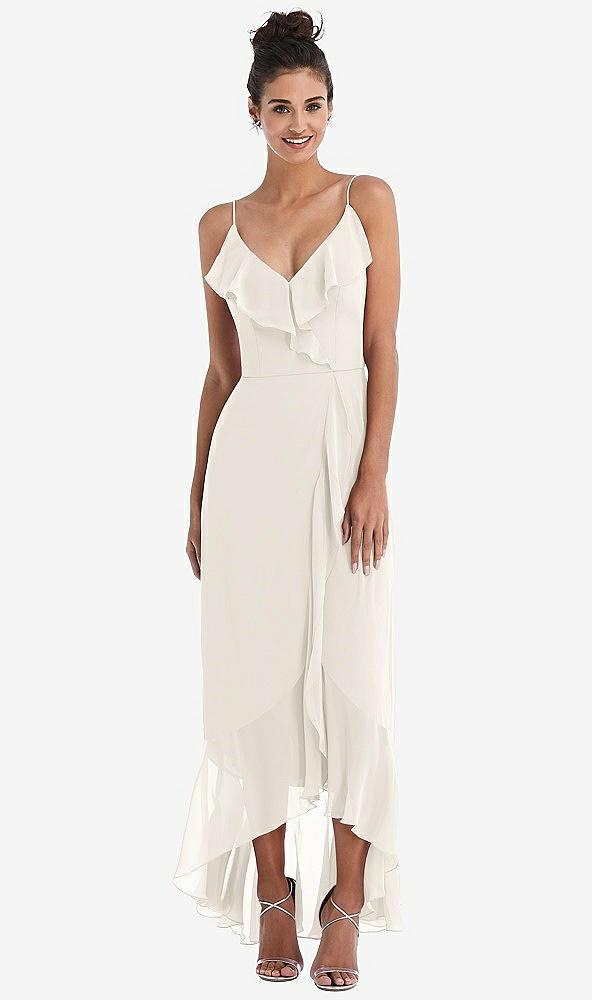 Front View - Ivory Ruffle-Trimmed V-Neck High Low Wrap Dress