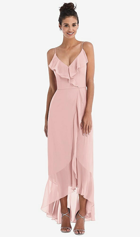 Front View - Rose Ruffle-Trimmed V-Neck High Low Wrap Dress