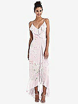 Front View Thumbnail - Watercolor Print Ruffle-Trimmed V-Neck High Low Wrap Dress