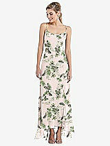 Front View Thumbnail - Palm Beach Print Scoop Neck Ruffle-Trimmed High Low Maxi Dress