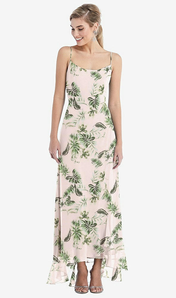 Front View - Palm Beach Print Scoop Neck Ruffle-Trimmed High Low Maxi Dress