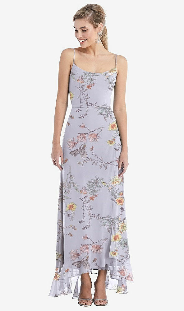 Front View - Butterfly Botanica Silver Dove Scoop Neck Ruffle-Trimmed High Low Maxi Dress